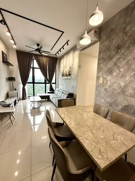 Living features: grey accent wall, white painted walls, marble tile flooring, 5-blade ceiling fan with light, recessed LED downlights, floor-to-ceiling windows, sheer curtains, L-shape sectional sofa in grey, coffee table, TV console, area rug, dining table with marble top, upholstered dining chairs; style: modern; view: garden.