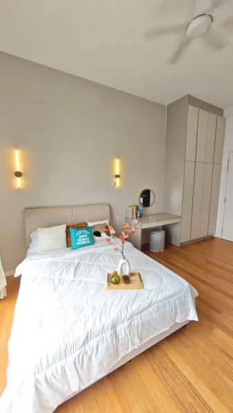 Bedroom features: queen-size bed with upholstered headboard, white bedding, wooden flooring, two wall-mounted sconces, built-in wardrobe with sliding doors, study desk, mirror on desk, decorative vase with flowers, window with sheer curtains, ceiling fan; style: modern.