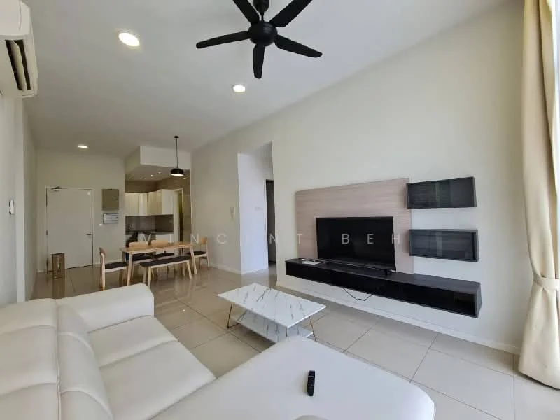 Living features: 3-seater leather sofa in white, coffee table with marble top, wall-mounted TV, TV console in black, ceiling fan, recessed downlights, cream painted walls, tile flooring, large windows with sheer curtains, open-plan layout with dining area visible, air conditioning unit; style: modern. Dining features: 6-seater dining table in wood, wooden dining chairs, pendant light above dining table, open kitchen area visible; style: modern. Kitchen features: kitchen cabinets in light wood, stainless-steel sink, built-in oven, freestanding range oven, refrigerator, countertop with space for appliances; style: modern.