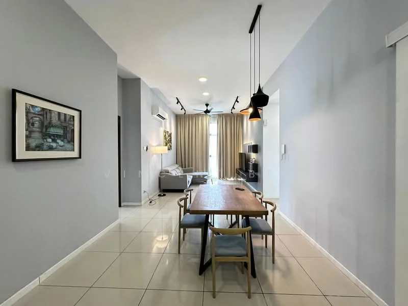 Dining features: dining table with wooden surface, 4 dining chairs, pendant light fixture, white walls, grey accent wall, recessed downlights, large window with sheer curtains, tile flooring, air conditioning unit, decorative artwork on wall; style: modern. Living features: sofa in grey fabric, coffee table, TV console, wall-mounted TV, curtains, light fixtures, open layout, tile flooring; style: modern.