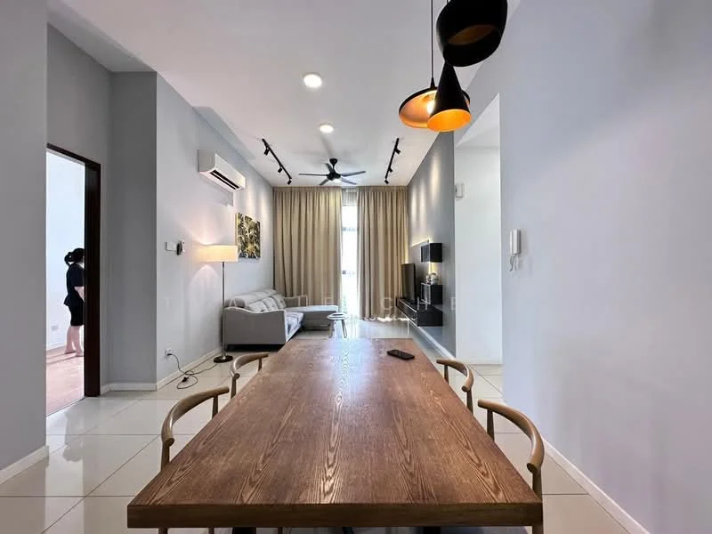 Dining features: wooden dining table, 4 dining chairs, pendant light fixture, wall-mounted split AC, 5-blade ceiling fan, cream painted walls, large window with sheer curtains, tile flooring, decorative artwork on wall, open layout to living area; style: modern. Living features: grey fabric sofa, coffee table, wall-mounted TV, light-colored curtains, wooden flooring, decorative wall panel, open layout to dining area; style: modern.