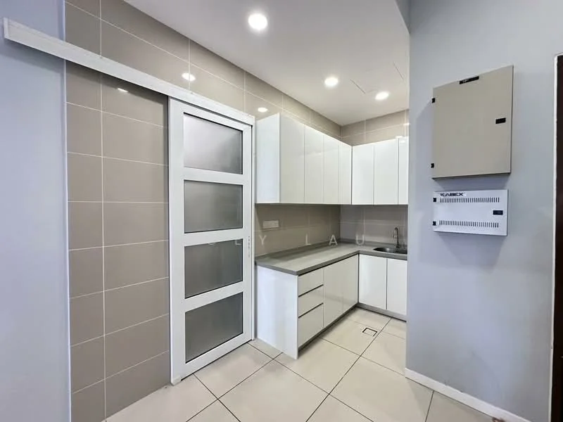 Kitchen features: white shaker cabinets, grey countertop, stainless-steel sink, chrome pull-down faucet, built-in oven, freestanding range oven, ceramic tile flooring, recessed downlights, sliding glass door, wall-mounted electrical panel, neutral painted walls, tile backsplash; style: modern.