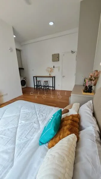 Bedroom features: queen-size bed, upholstered headboard, decorative pillows, wooden flooring, white painted walls, recessed downlights, small dining table with stools, wall-mounted air conditioning unit, door to hallway, window with natural light; style: modern.