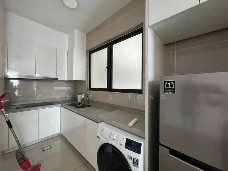 Kitchen features: white flat-panel cabinets, grey quartz countertop, stainless-steel sink, chrome pull-down faucet, built-in oven, freestanding washing machine, stainless-steel fridge, ceramic tile flooring, wall-mounted window, grey tiled backsplash, LED ceiling lights; style: modern.