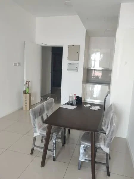 Dining features: dining table, 4 dining chairs with plastic covers, white walls, tile flooring, recessed ceiling lights, doorway to hallway, kitchen visible in background; style: modern. Room features: white walls, tile flooring, doorway, light switches, mailbox.