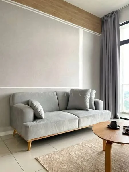 Living features: 3-seater fabric sofa in grey, decorative cushions, wooden legs on sofa, round wooden coffee table, ceramic cup on table, area rug with neutral color, floor-to-ceiling window, sheer curtains, light grey painted walls, wood panel accent wall; style: modern; view: city.