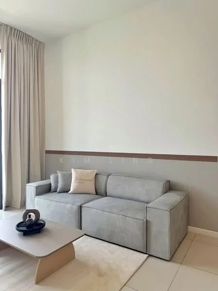Living features: grey fabric sectional sofa, light-colored coffee table, cream area rug, floor-to-ceiling windows, sheer curtains, white painted walls, accent wall with brown stripe, neutral color palette; style: modern.