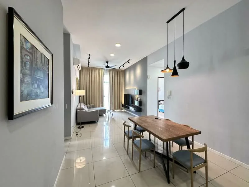 Dining features: dining table with wooden top, 4 dining chairs with light blue upholstery, pendant lighting with black and orange shades, white walls, glossy white tile flooring, floor-to-ceiling windows with sheer curtains, sofa in grey fabric, TV console, recessed downlights, ceiling fan with light; style: modern.