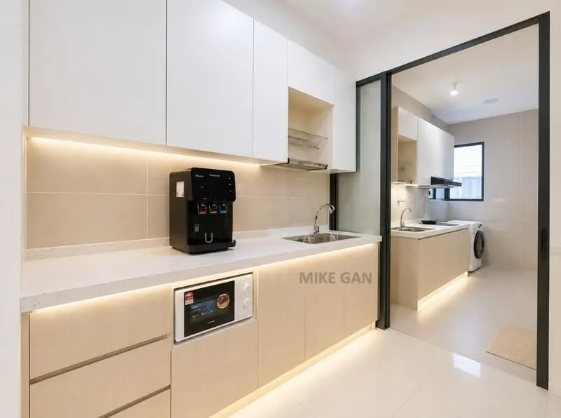 Kitchen features: white upper cabinets, light wood lower cabinets, quartz countertop, single-bowl stainless-steel sink, chrome pull-down faucet, built-in microwave, coffee machine, recessed LED downlights, washing machine, tile backsplash, ceramic tile flooring, window for natural light; style: modern.