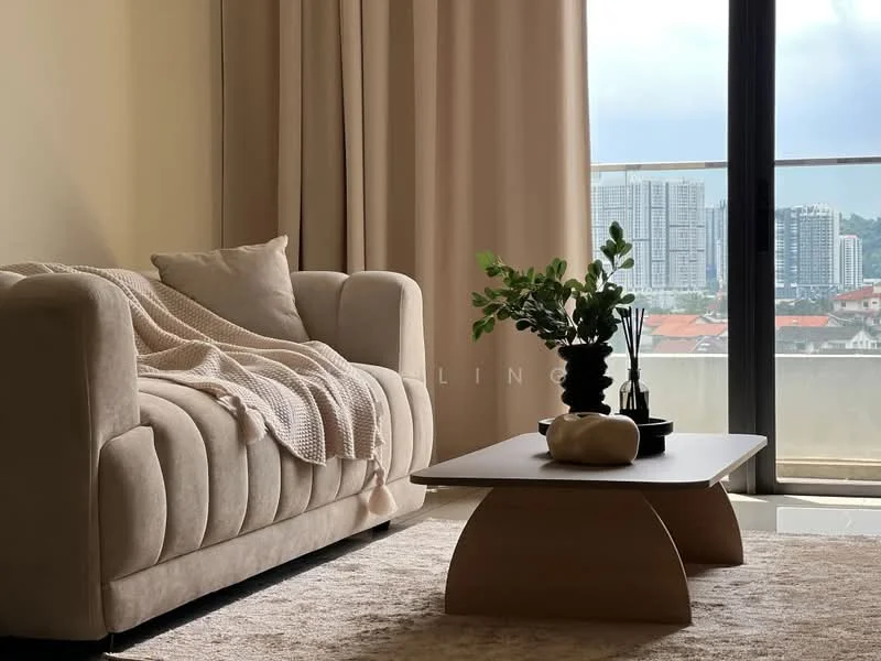 Living features: beige fabric sofa, throw blanket on sofa, wooden coffee table, decorative plant in pot, area rug, floor-to-ceiling windows, curtains, city skyline view; style: modern; view: city.