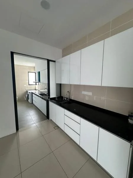 Kitchen features: white flat-panel cabinets, black granite countertop, single-bowl stainless-steel sink, chrome pull-down faucet, built-in oven, ceramic tile flooring, recessed downlights, wall-mounted cabinets, open shelving, window with natural light; style: modern. Laundry features: washer, dryer, ceramic tile flooring.