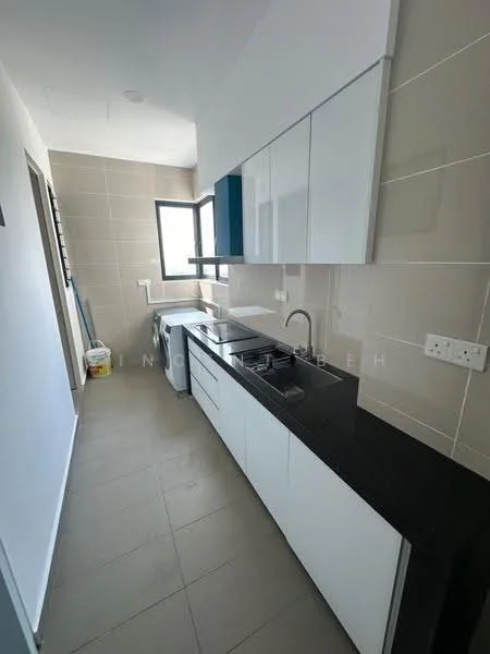 Kitchen features: white cabinetry, black countertop, single-bowl stainless-steel sink, chrome pull-down faucet, built-in oven, stainless-steel range hood, ceramic tile backsplash, floor-to-ceiling window, light grey tile flooring, wall-mounted cabinets, open shelving, recessed downlights; style: modern.