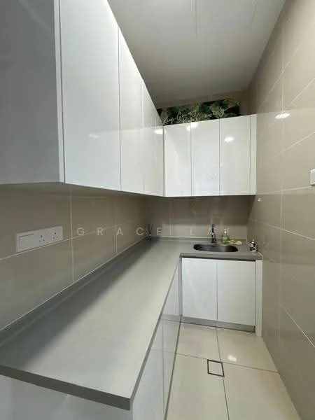 Kitchen features: white flat-panel cabinets, grey laminate countertop, single-bowl stainless-steel sink, chrome pull-down faucet, ceramic tile flooring, light beige tiled walls, recessed downlights, open shelving above countertop; style: modern.
