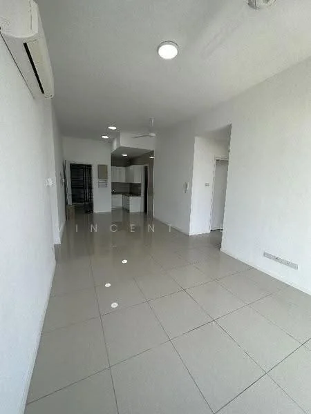 Room features: white painted walls, glossy ceramic tile flooring, recessed downlights, 1 wall-mounted split AC, open layout, ceiling fan, doorway leading to kitchen, large windows for natural light; style: modern.