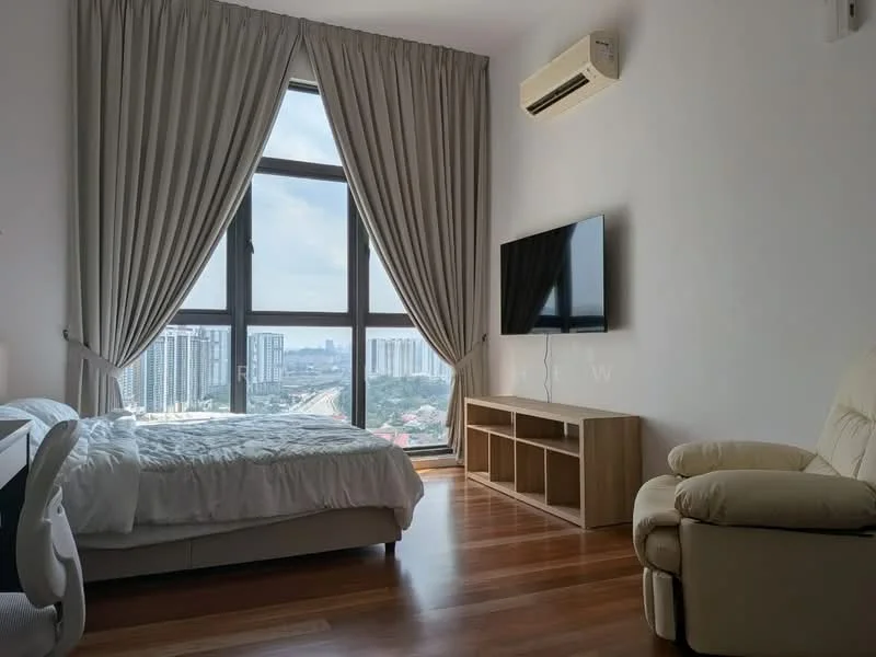 Bedroom features: king-size bed with white bedding, floor-to-ceiling windows, curtains in light grey, wooden flooring, wall-mounted TV, TV console with open shelving, 1 wall-mounted split AC, recliner chair in cream, decorative wall art, view of city skyline; style: modern; view: city.
