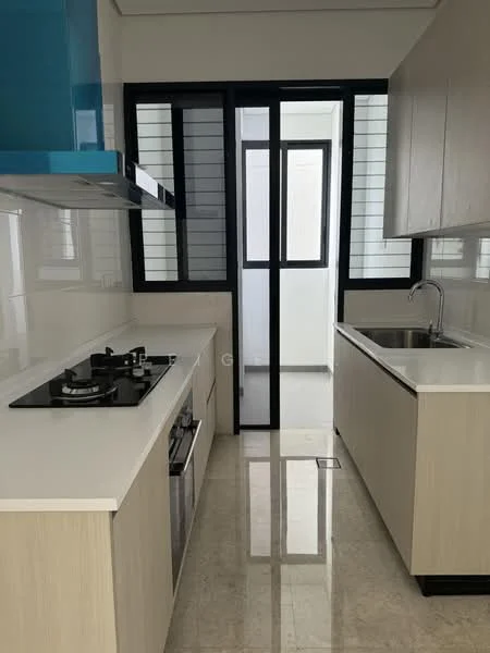 Kitchen features: white quartz countertop, light wood cabinetry, stainless-steel sink, chrome pull-down faucet, 4-burner gas hob, built-in oven, white tiled backsplash, sliding glass door, floor-to-ceiling windows, marble tile flooring, recessed downlights, blue overhead cabinets; style: modern.