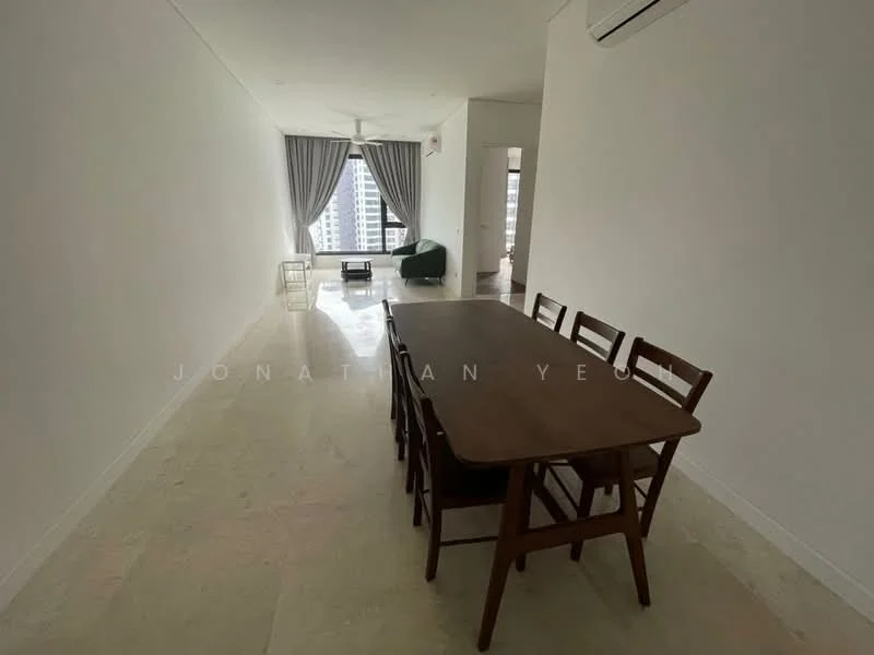 Dining features: wooden dining table, 6 wooden dining chairs, cream painted walls, marble flooring, 5-blade ceiling fan, floor-to-ceiling windows with sheer curtains, green sofa, decorative wall with no visible artwork; style: modern; view: city.