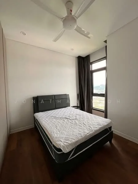 Bedroom features: queen-size bed, upholstered headboard, wooden flooring, 5-blade ceiling fan, floor-to-ceiling window, blackout curtains, nightstand, decorative wall panel, light-colored walls; style: modern; view: city.