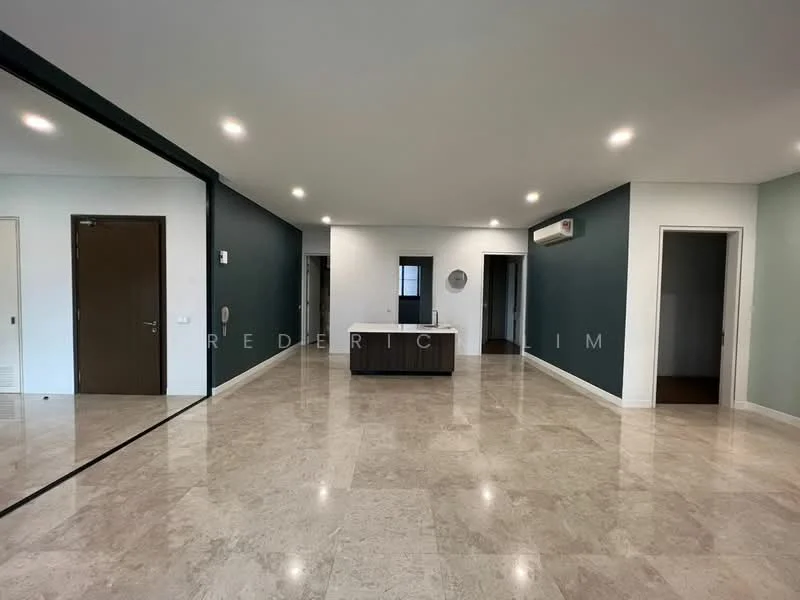 Room features: marble flooring, white painted walls, green accent wall, recessed downlights, 1 wall-mounted split AC, mirror wall, doorway to adjacent rooms, large windows, neutral color palette, open layout; style: modern.