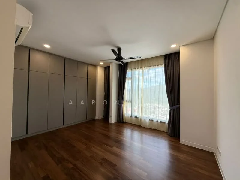 Room features: wooden flooring, grey feature wall, floor-to-ceiling windows, sheer curtains, dark curtains, 5-blade ceiling fan with light, recessed downlights, built-in wardrobes, city view; style: modern; view: city.