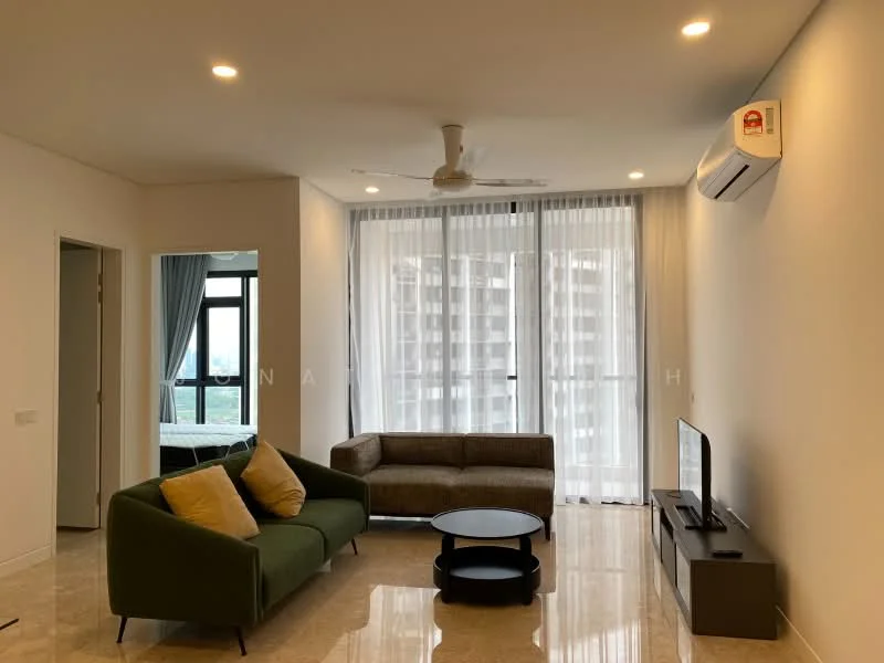 Living features: 3-seater fabric sofa in green, coffee table, wall-mounted TV, TV console, floor-to-ceiling windows, curtains, ceiling fan, marble flooring, air conditioning unit; style: modern; view: city. Room features: grey accent wall, sliding glass door.