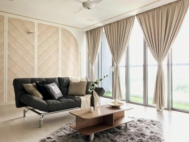 Living features: 3-seater fabric sofa in grey, decorative cushions, wooden coffee table, area rug with fluffy texture, floor-to-ceiling windows, sheer curtains, light-colored walls with wood paneling, ceiling fan, natural light, green view outside; style: modern; view: garden.