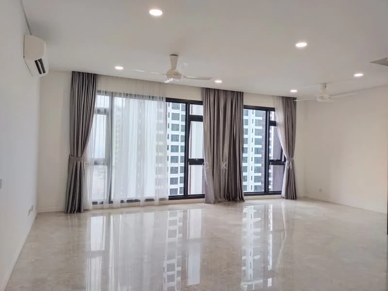 Living features: marble flooring, white painted walls, tray ceiling, 2 ceiling fans, floor-to-ceiling windows, sheer curtains, blackout curtains, natural light, open layout; style: modern; view: city.