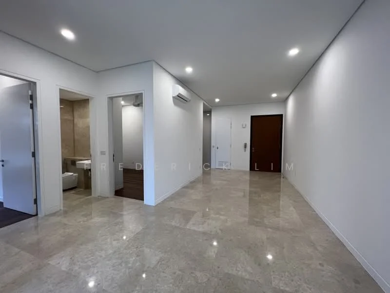 Room features: white painted walls, marble tile flooring, recessed LED downlights, 1 wall-mounted split AC, door leading to bathroom, door leading to another room, neutral color scheme, open layout; style: modern.
