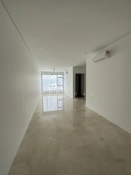 Room features: white painted walls, marble tile flooring, floor-to-ceiling windows, sheer curtains, 1 wall-mounted split AC, natural light from windows, open layout, neutral color scheme; style: modern; view: city.