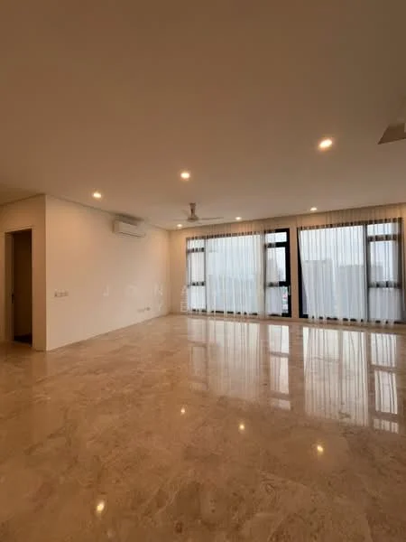 Living features: marble flooring, white painted walls, recessed downlights, 5-blade ceiling fan, floor-to-ceiling windows, sheer curtains, air conditioning unit, open layout; style: modern.