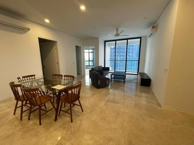 Living features: marble tile flooring, white painted walls, 5-blade ceiling fan, floor-to-ceiling windows, sliding glass door, sofa in grey, coffee table, TV console, dining table with glass top, wooden dining chairs, wall-mounted air conditioning unit; style: modern; view: city.