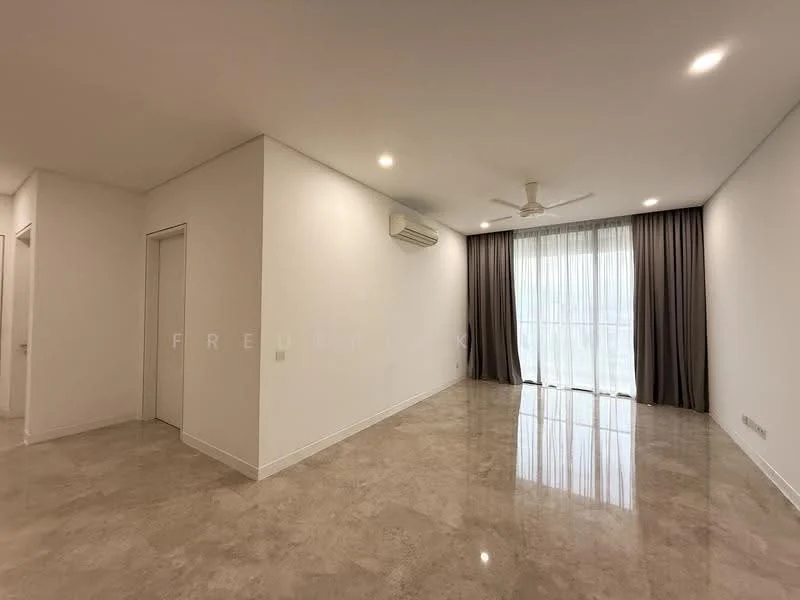 Living features: marble tile flooring, white painted walls, tray ceiling, 5-blade ceiling fan, floor-to-ceiling windows, sheer curtains, recessed LED downlights, air conditioning unit; style: modern.