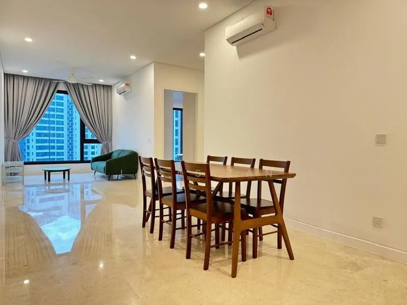 Dining features: 6-seater dining table, wooden dining chairs, marble flooring, recessed downlights, floor-to-ceiling windows, curtains, air conditioning unit, green sofa, open layout; style: modern; view: city. Living features: green sofa, marble flooring, recessed downlights, floor-to-ceiling windows, curtains, air conditioning unit; style: modern; view: city.