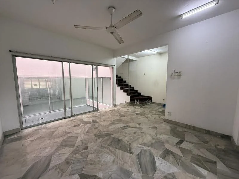 Living features: marble flooring, white painted walls, 5-blade ceiling fan, sliding glass door, staircase with railing, recessed lighting, natural light from windows, open layout; style: modern; view: garden.