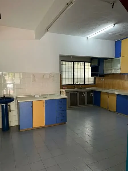 Kitchen features: blue and yellow cabinetry, white tiled backsplash, single-bowl stainless-steel sink, chrome faucet, countertop with laminate finish, built-in oven, freestanding range oven, window with grid pattern, tile flooring, overhead fluorescent lighting; style: modern.