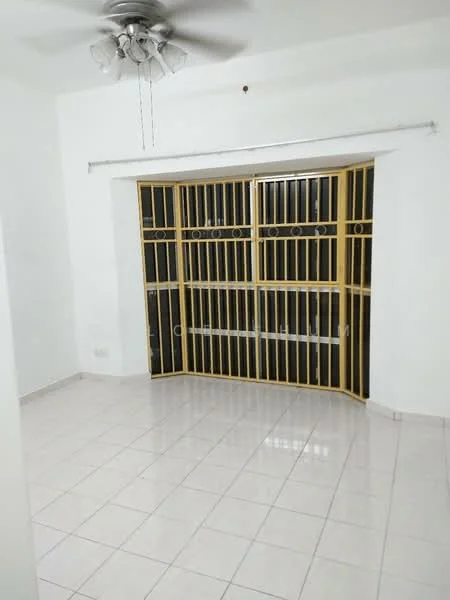 Room features: white painted walls, glazed ceramic tile flooring, 5-blade ceiling fan, security grille with gold finish, window with black bars, light fixture, curtain rod, corner layout; style: modern.