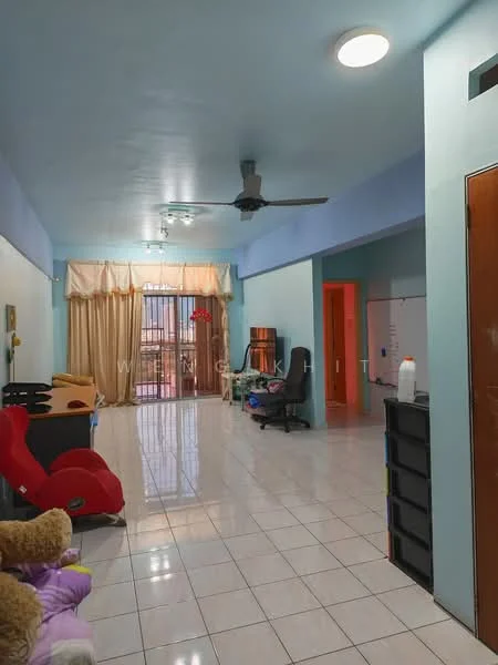 Living features: light blue painted walls, white tiled flooring, 5-blade ceiling fan, large sliding glass door, curtains, wall-mounted whiteboard, black office chair, wooden furniture, red armchair, teddy bear, open layout, natural light from windows; style: modern; view: city.