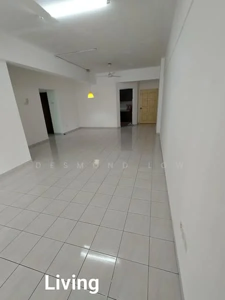 Living features: white painted walls, glossy ceramic tile flooring, ceiling fan, recessed lighting, large open space, neutral color scheme, doorway leading to other rooms, window with natural light; style: modern.