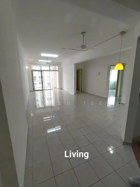 Living features: white painted walls, glossy ceramic tile flooring, 5-blade ceiling fan with light, recessed downlights, pendant light, floor-to-ceiling windows, sliding glass door, balcony access, open layout, neutral color scheme; style: modern; view: city.