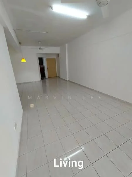 Living features: white painted walls, glossy ceramic tile flooring, recessed downlights, 5-blade ceiling fan, single pendant light, open layout, large space, neutral color scheme; style: modern.