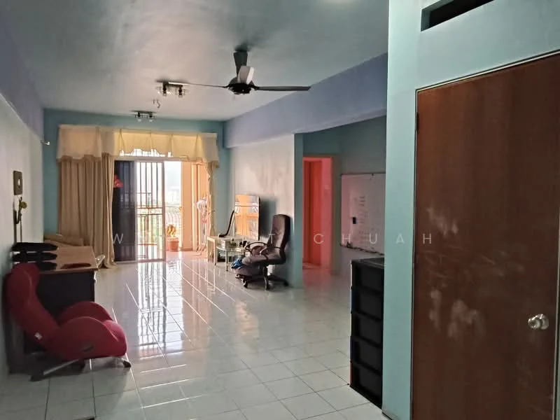 Living features: light blue painted walls, white tiled flooring, 5-blade ceiling fan, floor-to-ceiling windows, sliding glass door, curtains, wooden door, black storage cabinet, red armchair, black office chair, small table, decorative wall art; style: modern; view: city.