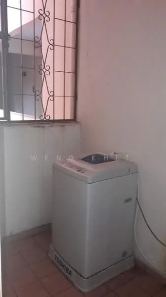 Laundry features: top-load washing machine, window with security bars, tile flooring, white painted walls.