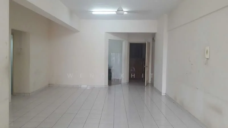 Room features: white painted walls, glossy ceramic tile flooring, ceiling fan, doorway leading to another room, open layout, neutral color scheme, no visible furniture, large windows, light fixture on ceiling; style: minimalist.