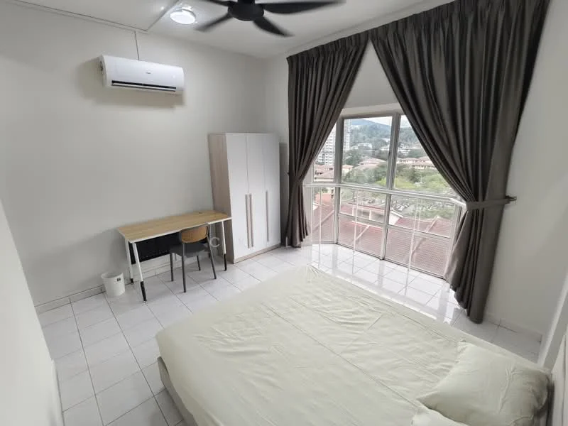 Bedroom features: queen-size bed, white bedding, floor-to-ceiling windows, curtains in dark grey, white tiled flooring, wall-mounted split AC, study desk with chair, built-in wardrobe with white doors, decorative wall, ceiling fan with light; style: modern; view: city.