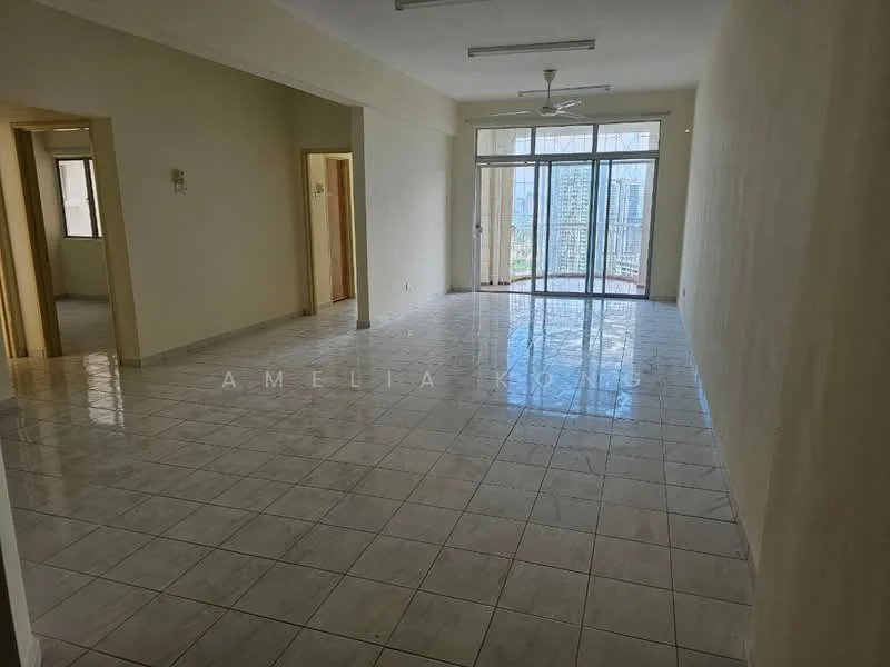 Living features: white painted walls, glossy ceramic tile flooring, ceiling fan, floor-to-ceiling windows, sliding glass door, natural light, open layout, neutral color scheme; style: modern; view: city. Room features: white painted walls, glossy ceramic tile flooring, doorway leading to other rooms.