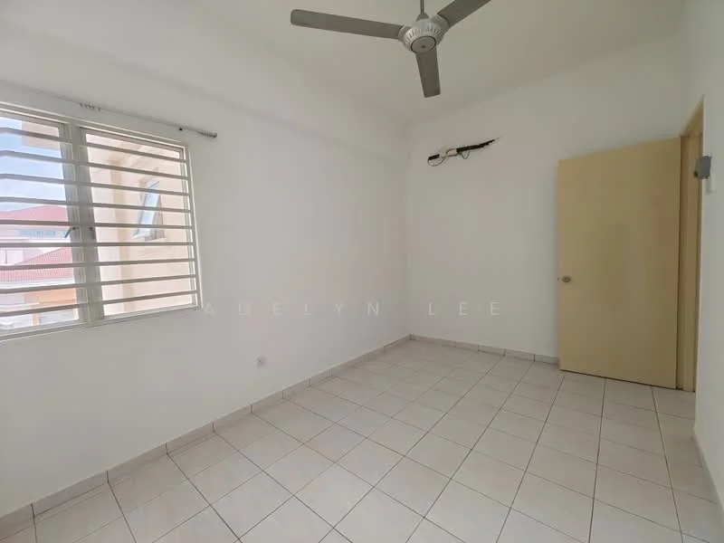 Room features: white painted walls, tiled flooring, ceiling fan, window with horizontal blinds, single door, light fixture, corner wall with no visible decor.