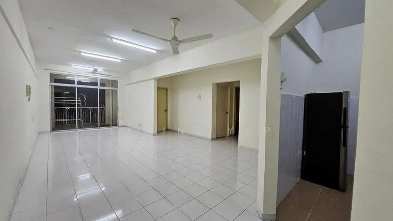 Room features: white painted walls, glossy ceramic tile flooring, ceiling with fluorescent lights, 2-blade ceiling fan, sliding glass door, balcony access, open layout, kitchenette area with fridge, doorways leading to other rooms; style: modern.