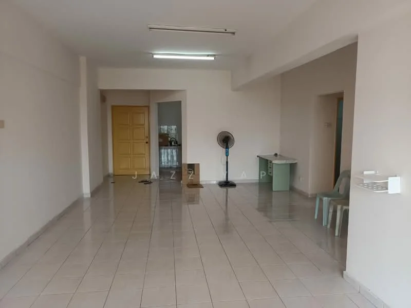 Room features: white painted walls, glossy ceramic tile flooring, ceiling lights, open layout, large windows, fan, green cabinet, plastic chairs, doorway leading to another room, empty space, neutral color scheme; style: modern.