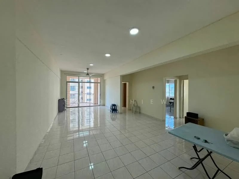 Living features: white painted walls, glossy white tile flooring, recessed downlights, 5-blade ceiling fan, large windows with city view, open layout, sliding glass door, neutral decor, dining table, chairs, TV console; style: modern; view: city. Room features: white painted walls, glossy white tile flooring, neutral decor.