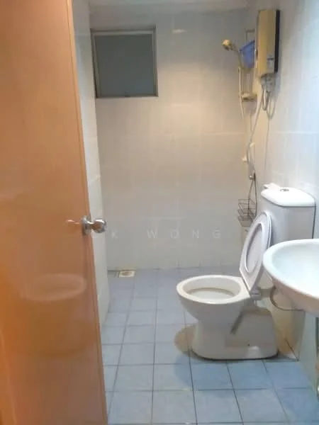 Bathroom features: white tiled walls, light blue tiled flooring, one-piece toilet, sink with chrome faucet, shower with wall-mounted showerhead, mirror above sink, window for natural light, toilet paper holder, towel rack.